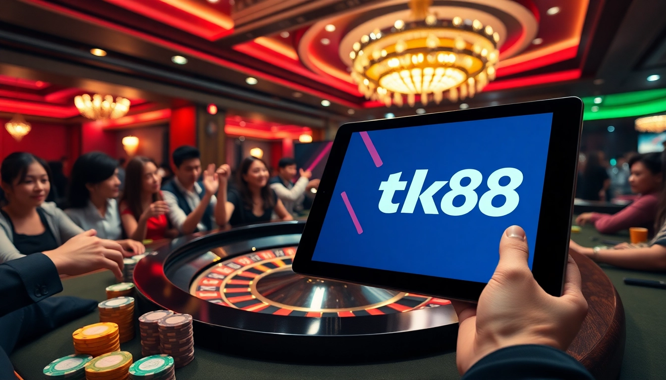 Players enjoying a thrilling game at the tk88 casino, celebrating wins with colorful chips and excitement.