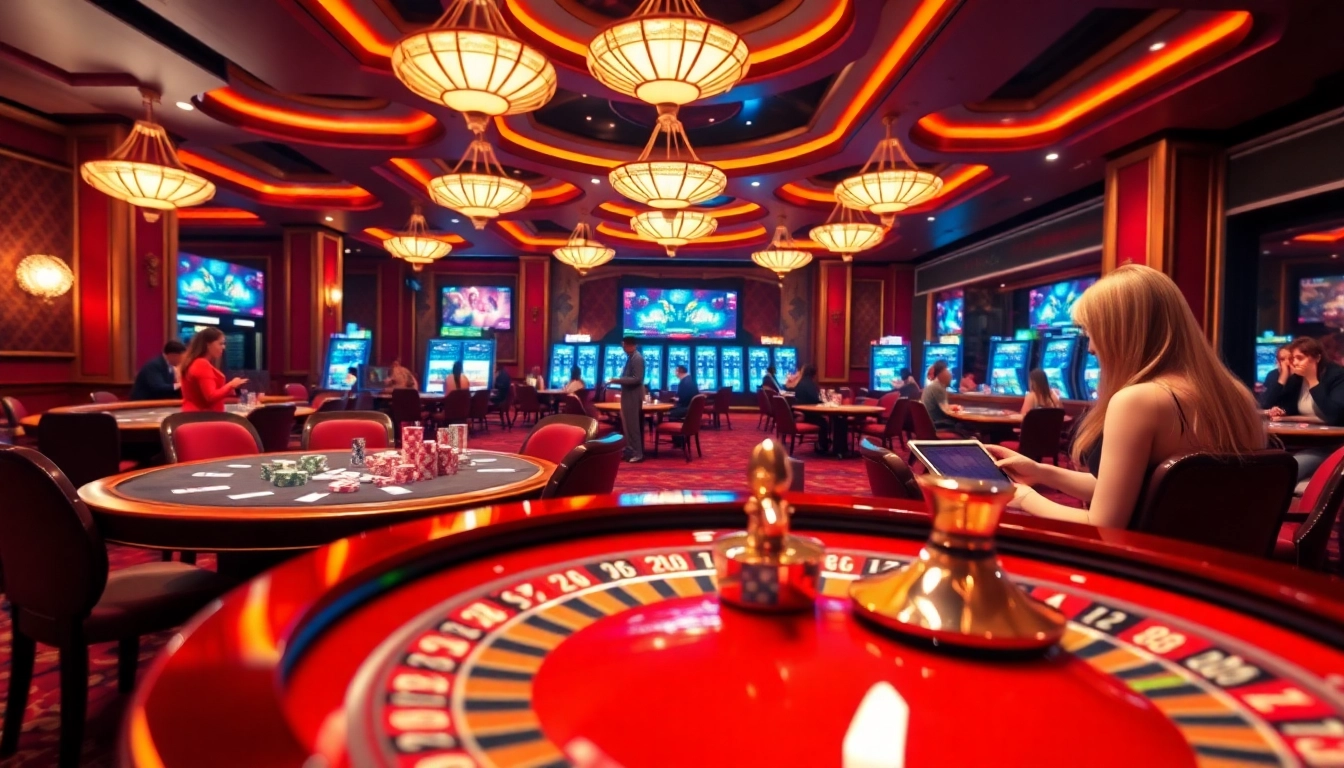 Players enjoying the thrilling games at 789P casino with vibrant gaming tables and roulette wheel.