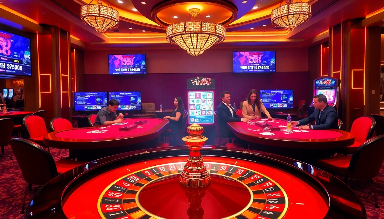 Engaging scene with Vin88 roulette wheel and vibrant casino atmosphere bustling with excitement.