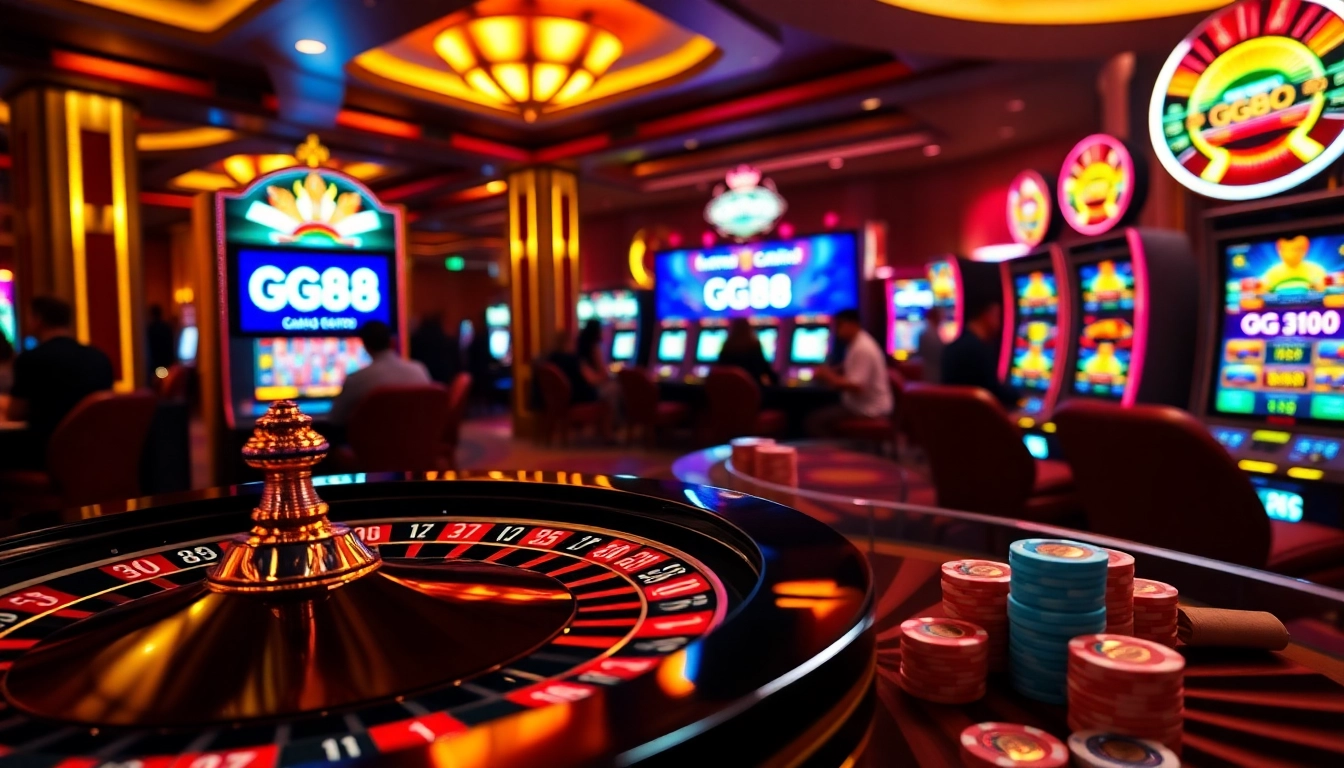Engage with GG88's luxury gambling experience featuring vibrant roulette, slots, and poker chips.