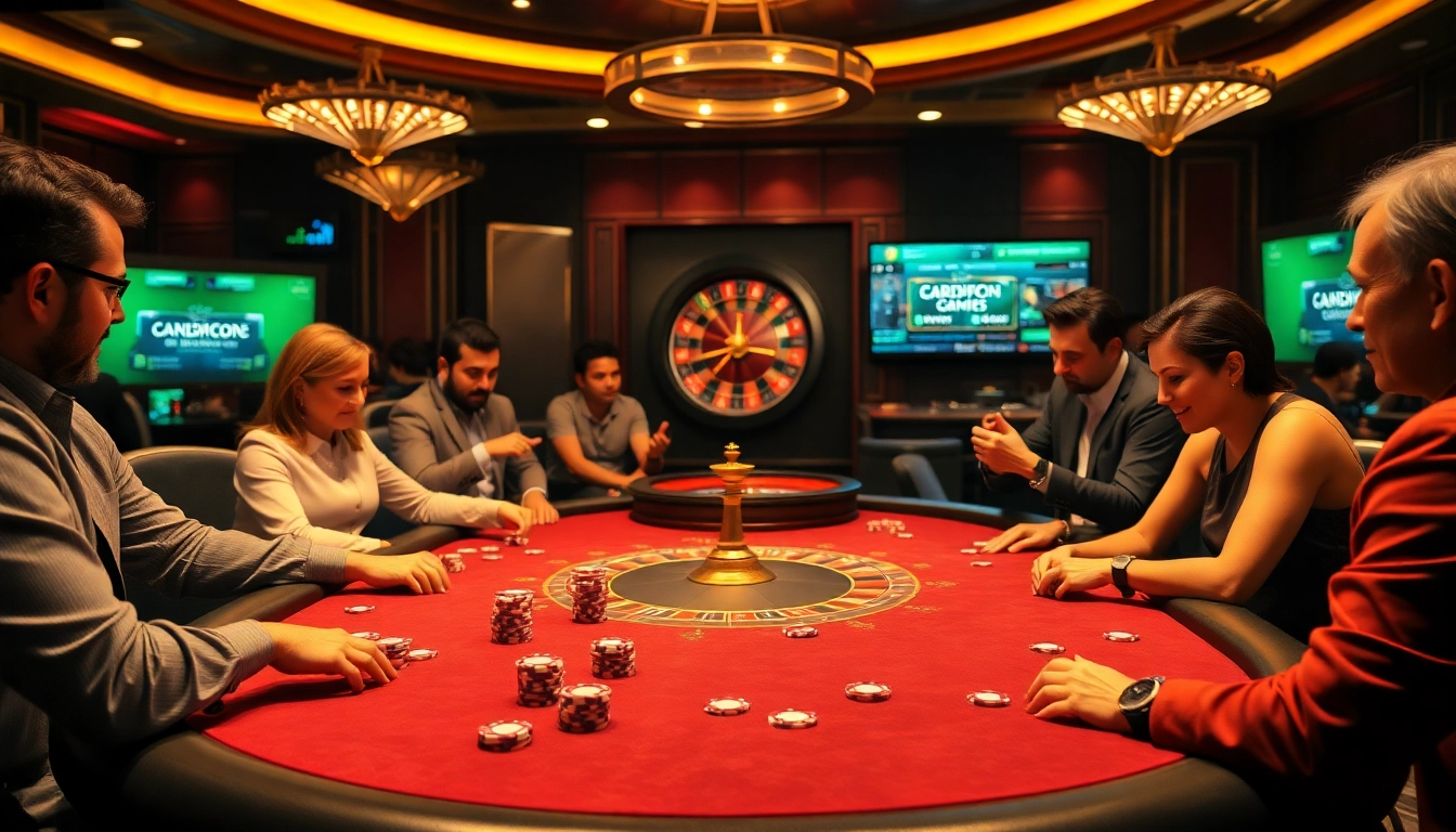 Exciting poker players at an elegant table with okfun branding, anticipating big wins.