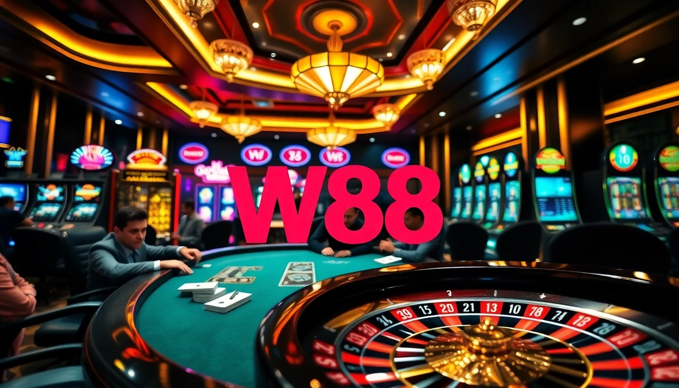 W88 poker players enjoying a vibrant casino atmosphere with luxury gaming elements.