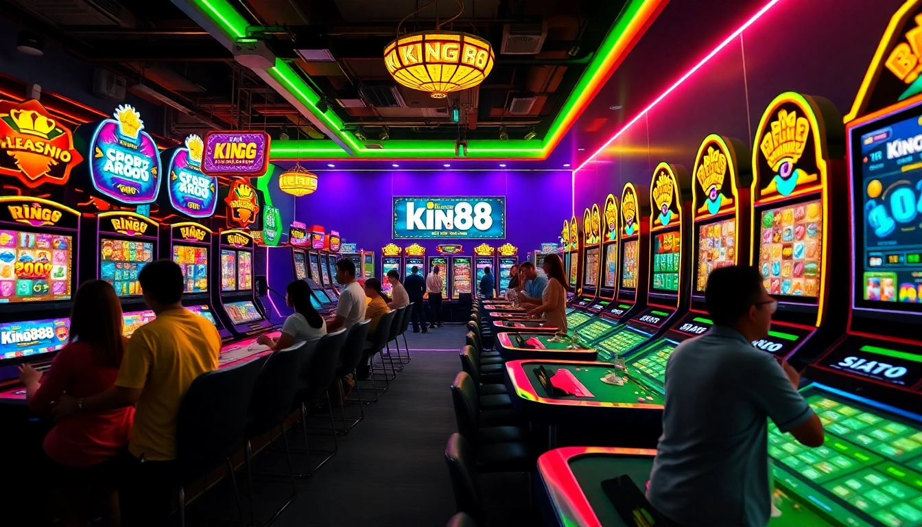 king88 casino gaming scene with vibrant slot machines and enthusiastic players in a modern virtual atmosphere