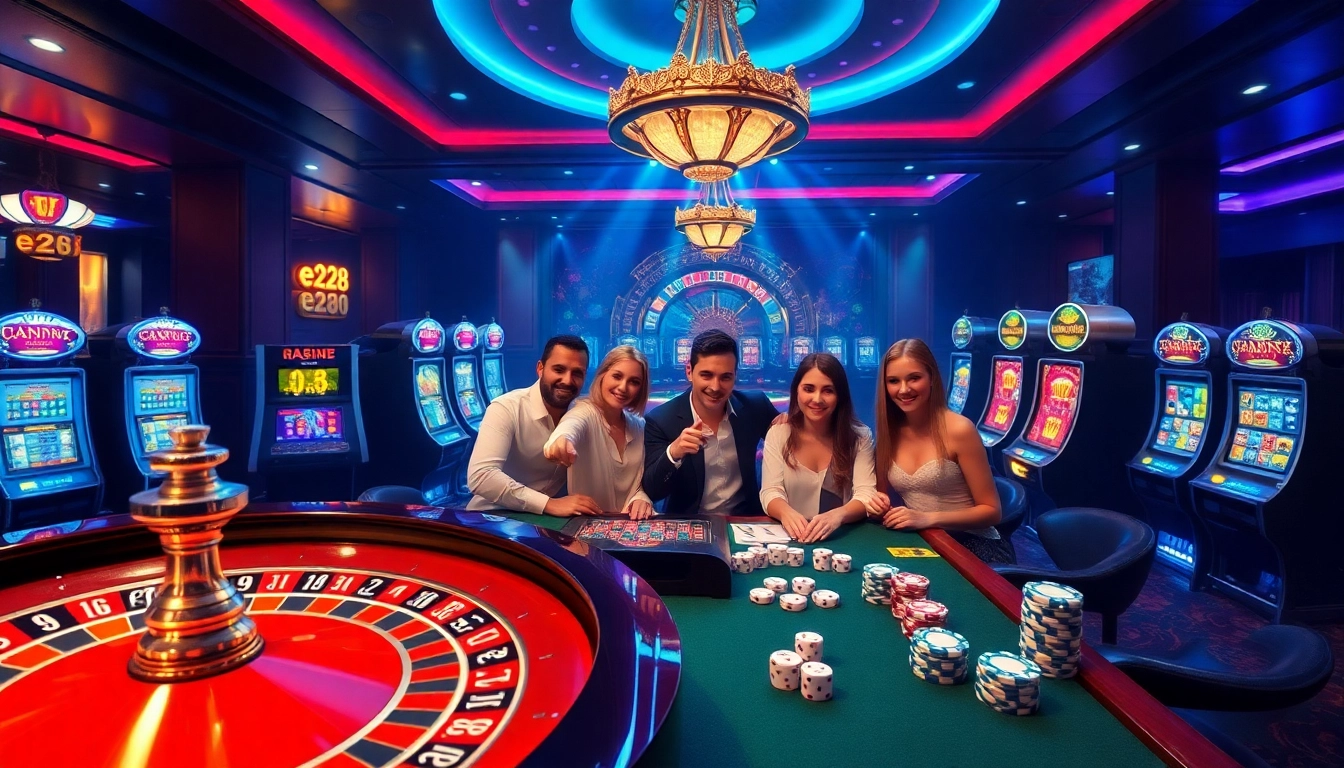 Engaging players enjoying a lively gaming scene at e28 online casino with roulette and poker elements.