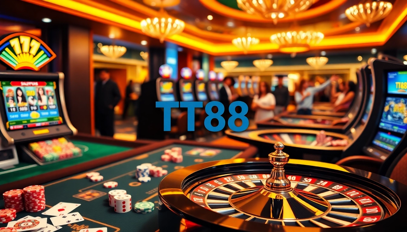 TT88 casino scene showcasing poker chips, a roulette wheel, and online gambling interfaces.