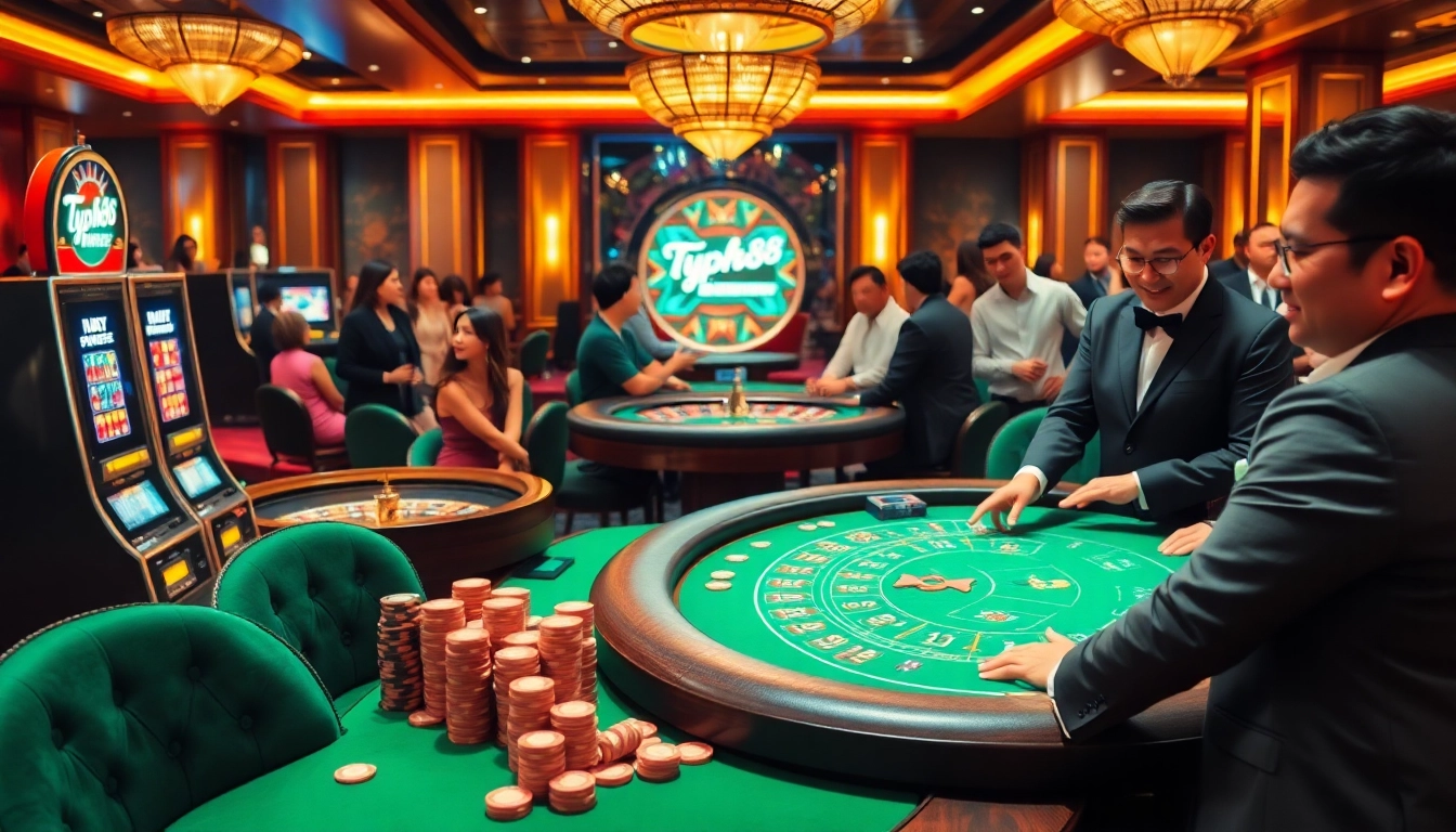Experience an exciting moment at Typhu88, where players enjoy casino games at luxurious tables with vibrant lights.