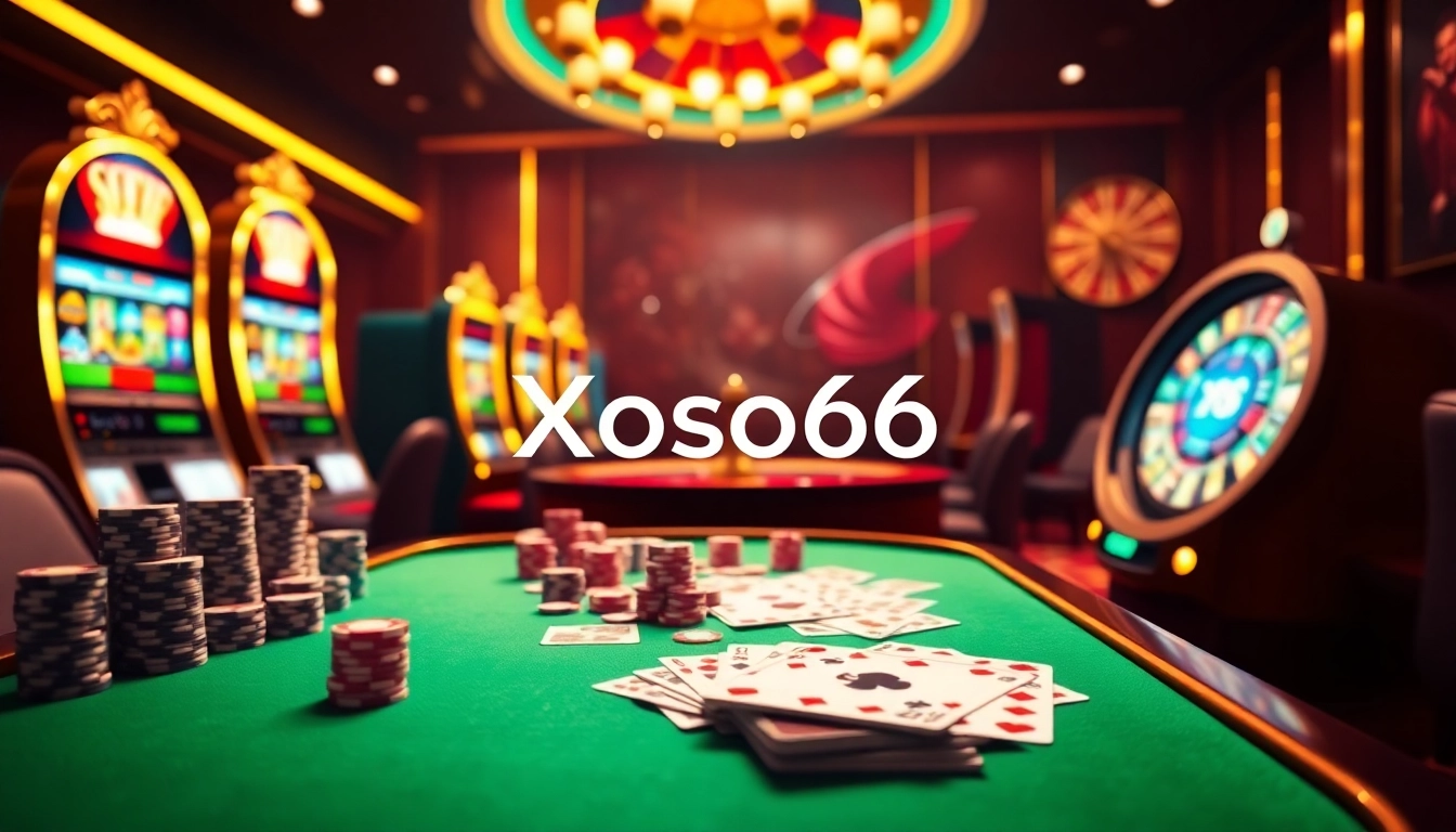 Xoso66 online casino showcasing vibrant poker tables, roulette wheels, and slot machines for an exciting gambling experience.