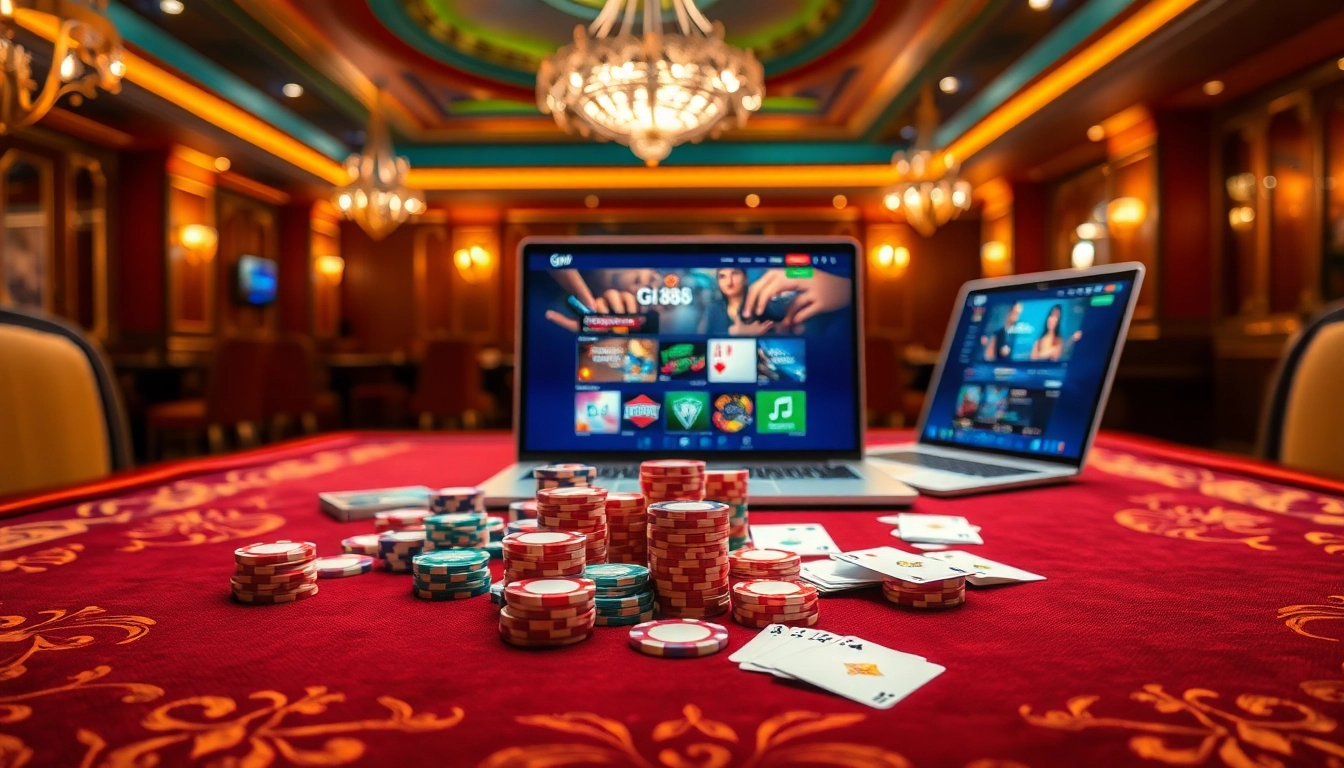 Engage with gi88 casino excitement featuring vibrant chips and a sleek online gambling interface.