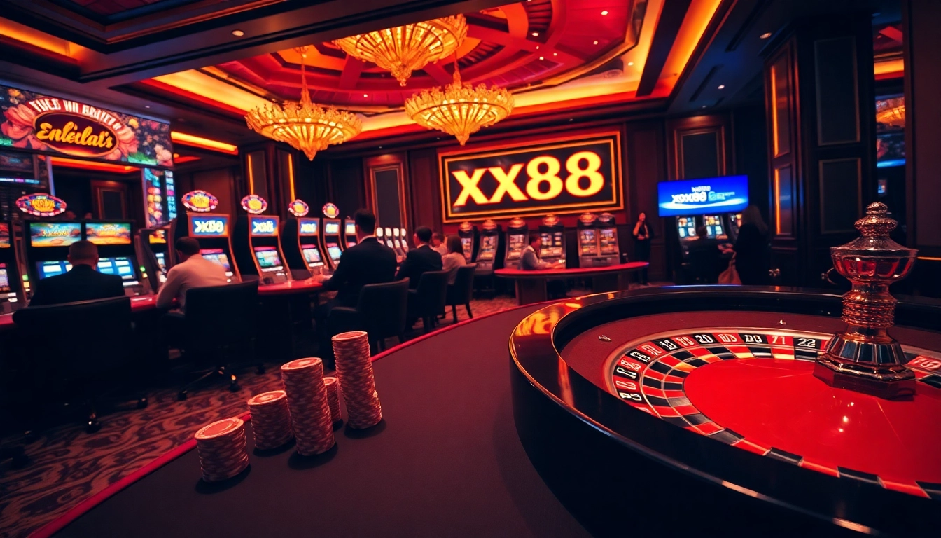 Players enjoying poker and slot machines at the x88 casino, showcasing excitement and luxury.