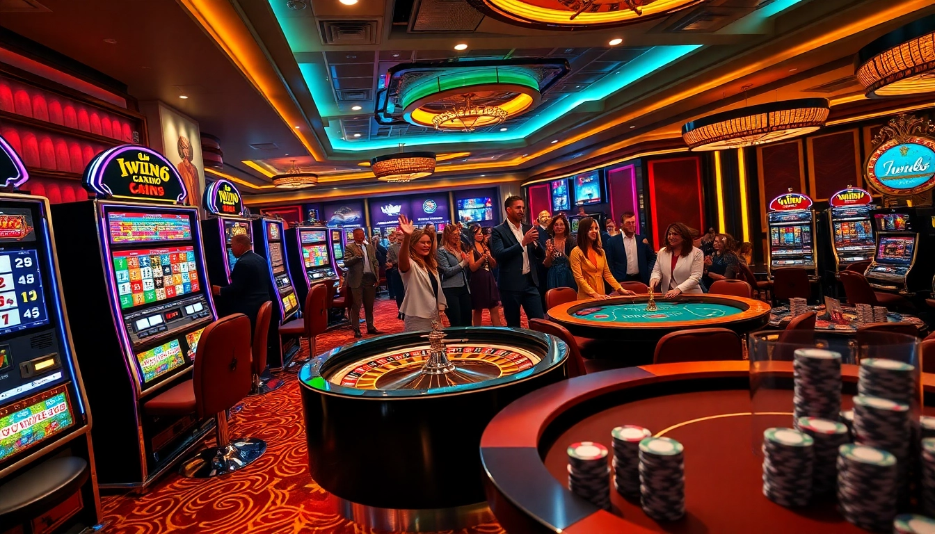 Iwin68 players enjoying excitement at a casino table with vibrant gaming elements.