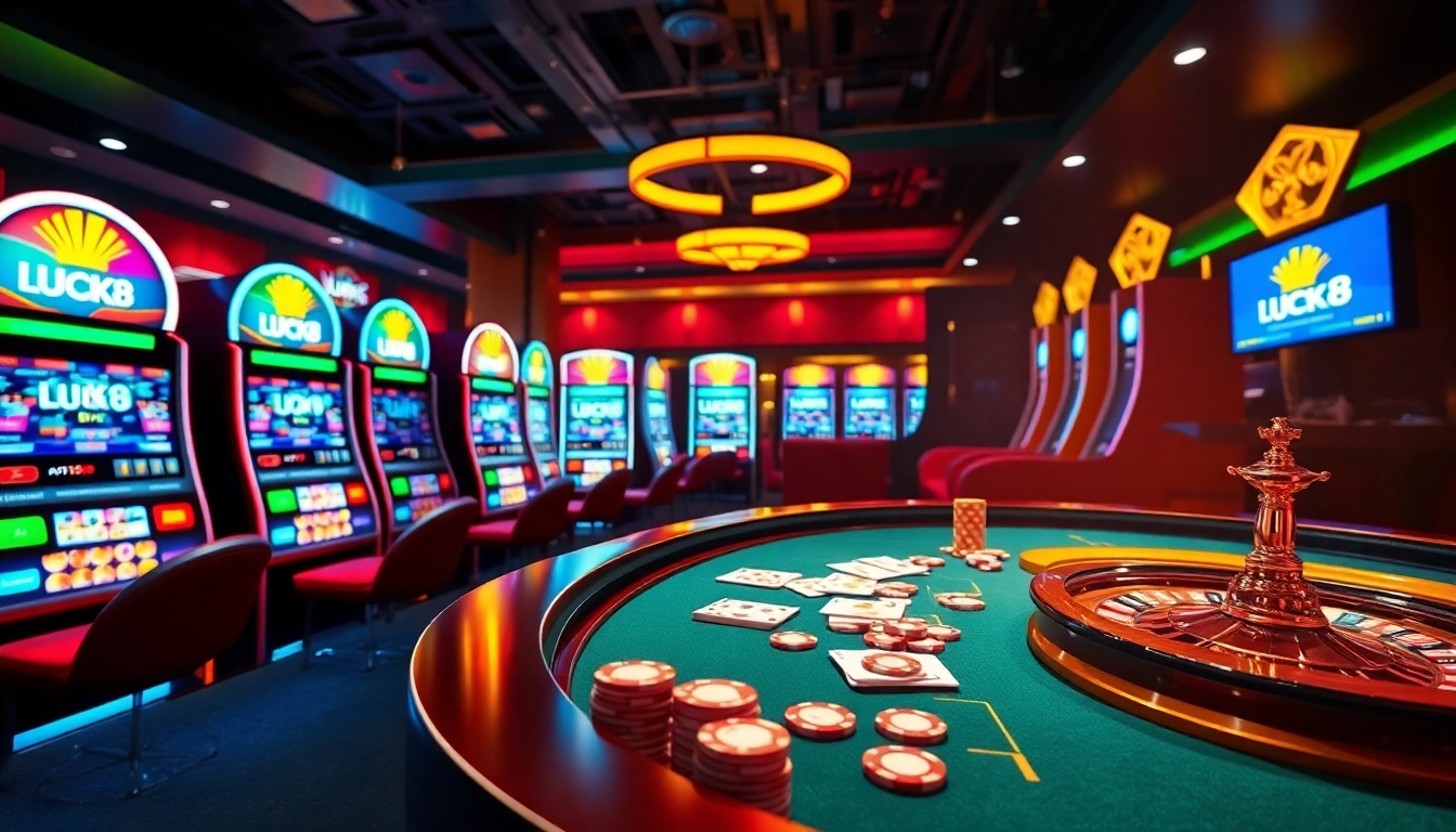Engaging casino scene showcasing nhà cái LUCK8 with poker chips, cards, and roulette excitement.