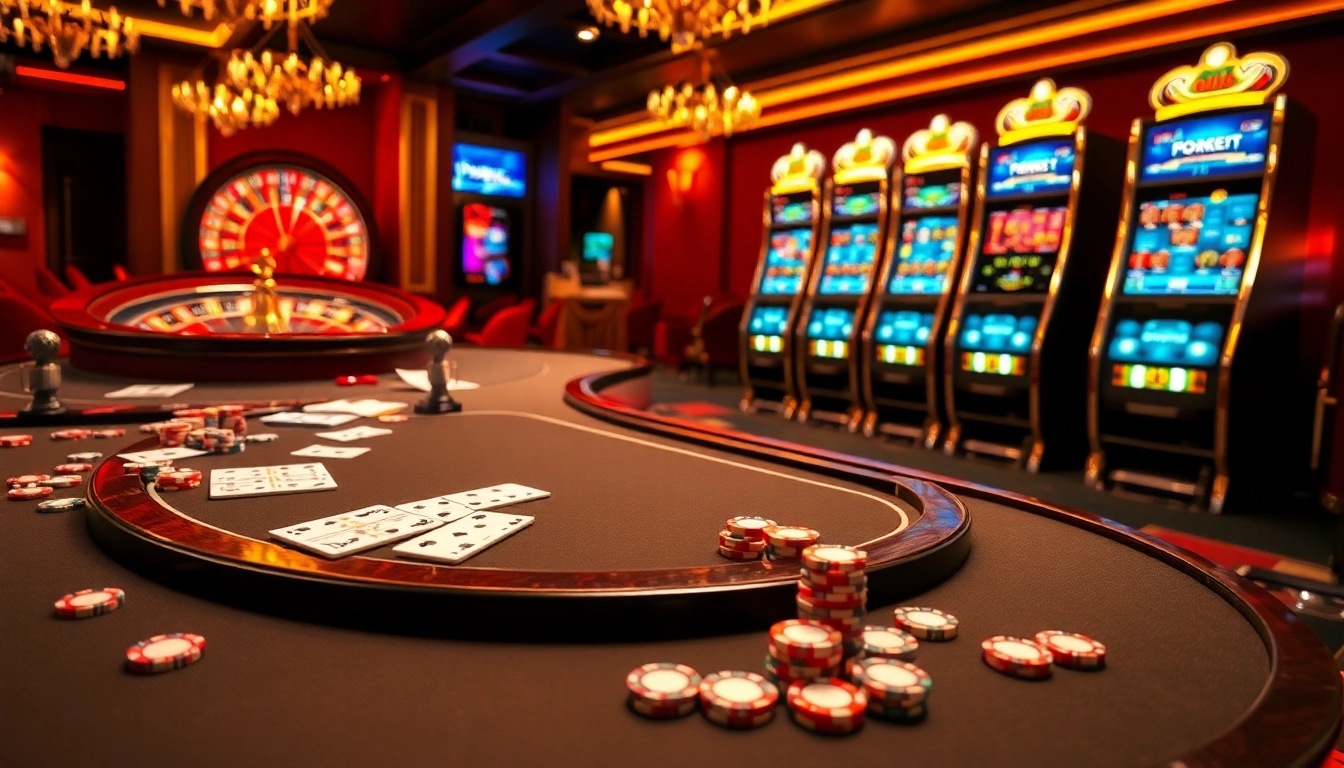 Exciting casino scene featuring 8kbet poker table, roulette wheel, and vibrant slot machines.