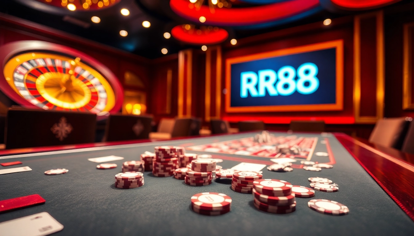 Engaging scene of RR88 poker table with luxury chips and cards in vibrant casino environment.