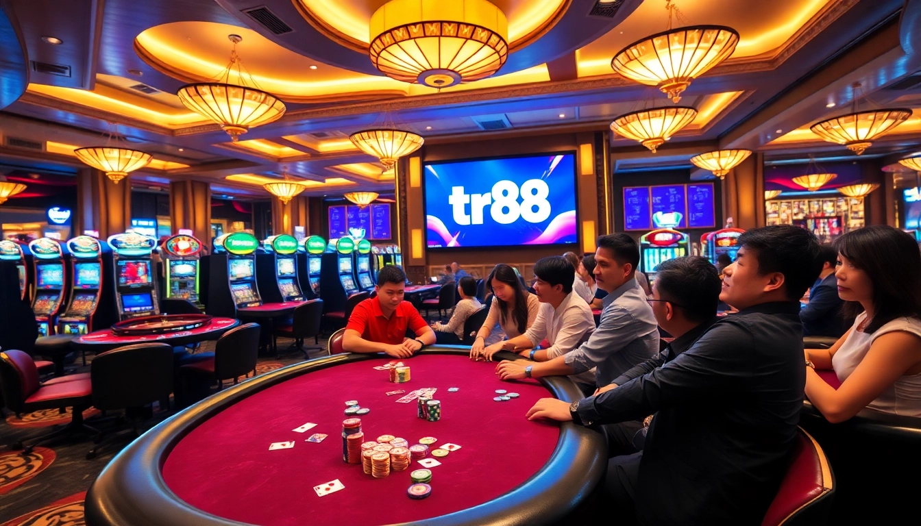 Experience thrill in the luxurious atmosphere of tr88, featuring poker tables and slot machines.