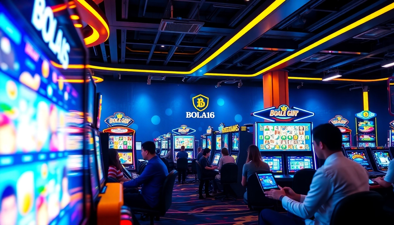 BOLA16 online gaming platform showcasing vibrant slot machines and user interactions in a dynamic atmosphere.