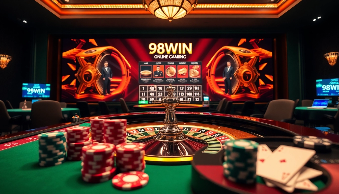 Experience the excitement of gaming at 98WIN with vibrant casino visuals and interactive elements.