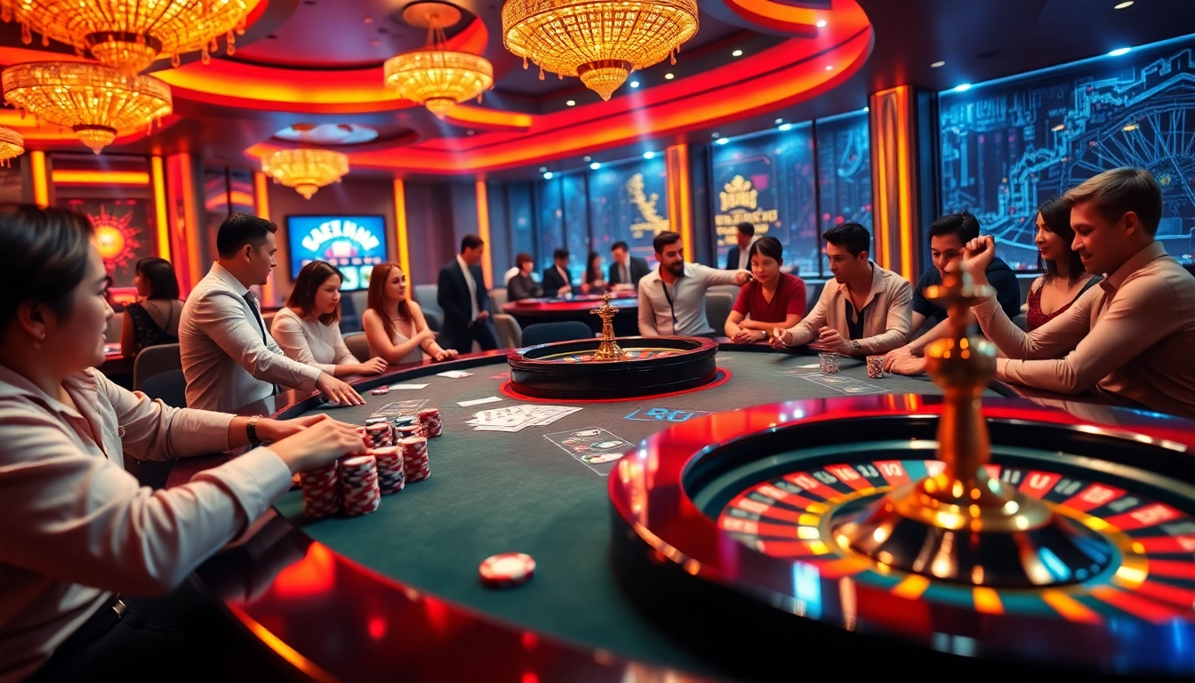 Engaged players experience the excitement at a 555win casino table with poker chips and cards.