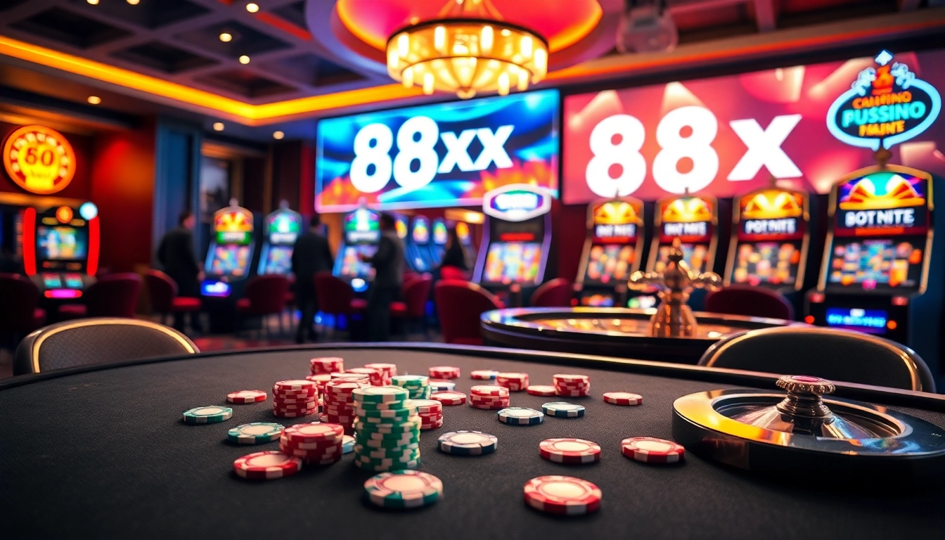 Experience the thrill of gaming at 88xx with vibrant casino tables and slot machines.
