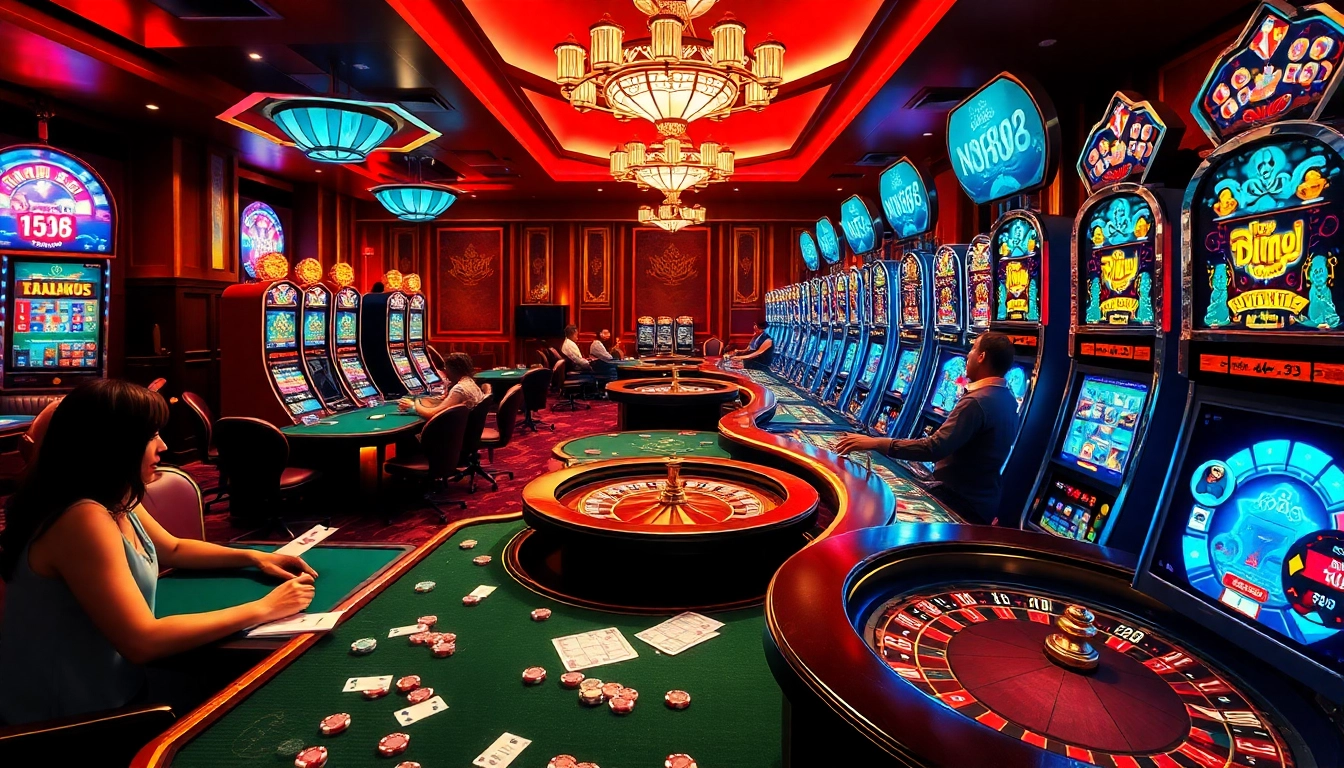 Experience thrilling online gaming at nk88 with luxurious casino tables and vibrant slot machines.