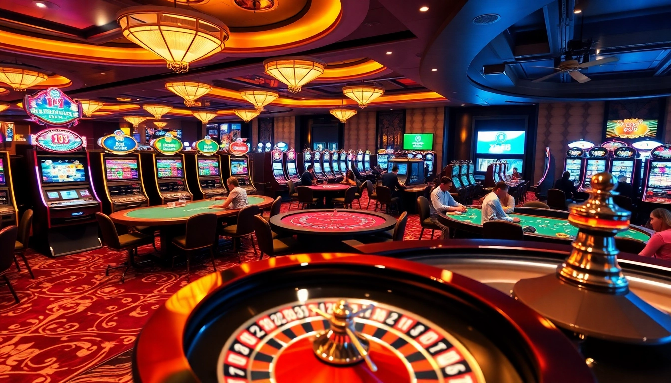 Gamblers enjoying an immersive experience at https://x88.law/ with vibrant slot machines and live poker action.