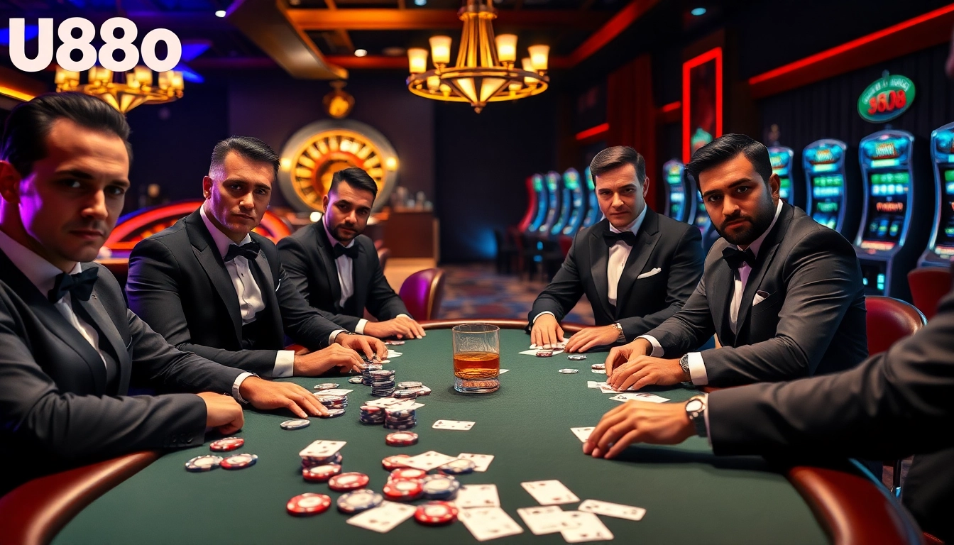 Experience U888 excitement with players at a luxurious poker table, chips, and cards.