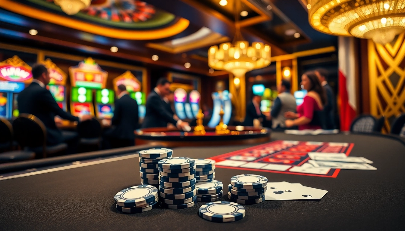 A lively casino scene featuring poker chips and cards with a luxurious vibe, representing https://g28.wtf/ online gambling excitement.