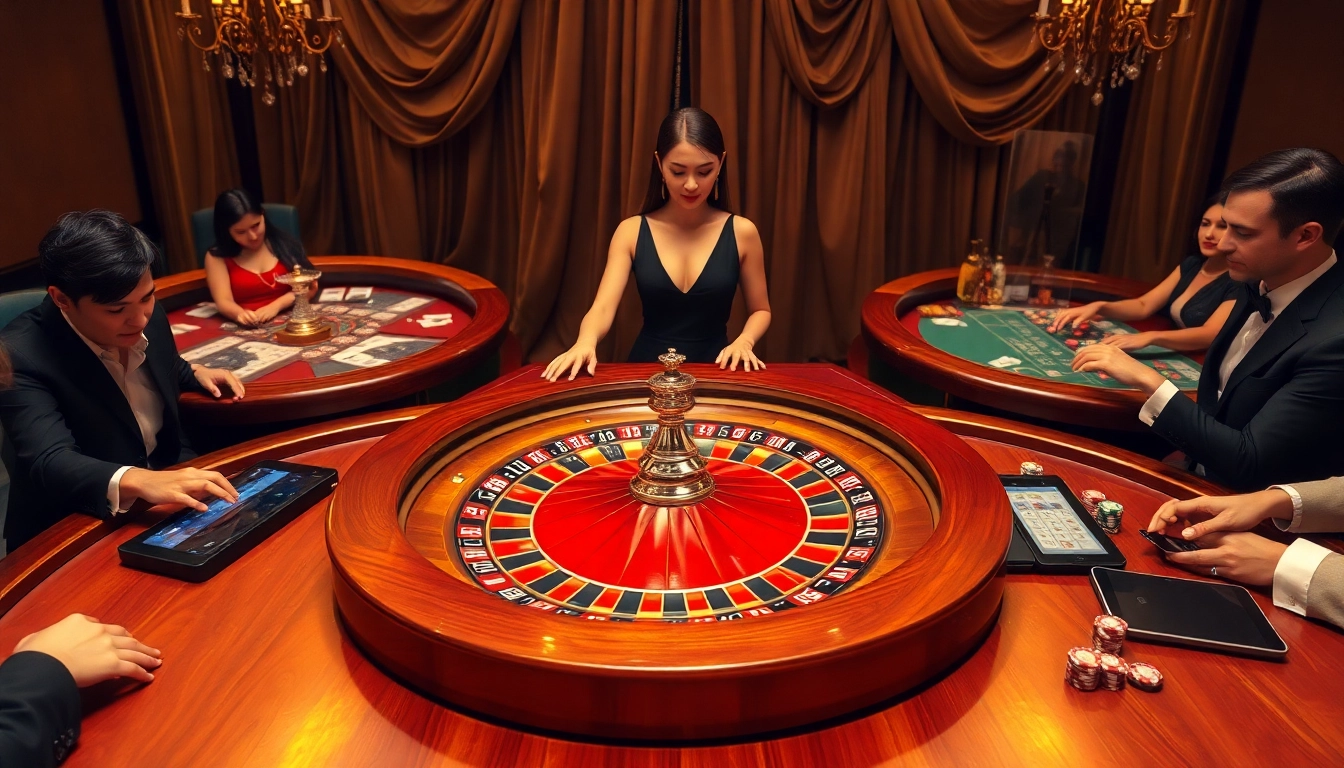 Players enjoy an exciting roulette game at MMOO casino, showcasing luxury and professionalism in gambling.